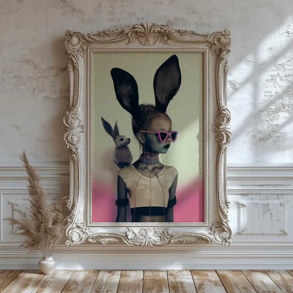 Original Goth Pink Bunny Art Print + Digital Copy, Girl With Bunny Ears - Picture 2 of 8